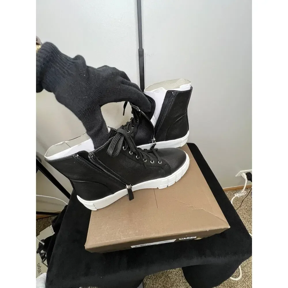 Paolo GIO-L Black Tumbled Leather High Top Sneakers Side Zip Women's 8M NIB